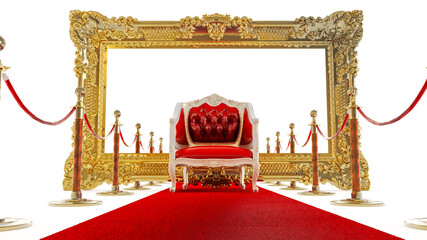 3D render of red carpet barrieres leading to a red armchair isolated on white background, vip...