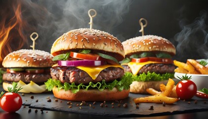 grill burger realistic 3d burgers grilled meat collection ultra realistic icon detailed angle view food photo burger composition