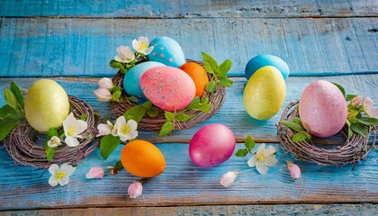 beautiful colorful easter eggs on blue wooden
