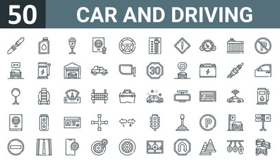 Fototapeta na wymiar set of 50 outline web car and driving icons such as seat belt, oil, parking meter, certificate, steering wheel, automatic transmission, caution vector thin icons for report, presentation, diagram,