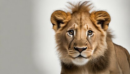 portrait of immature lion in front of white background