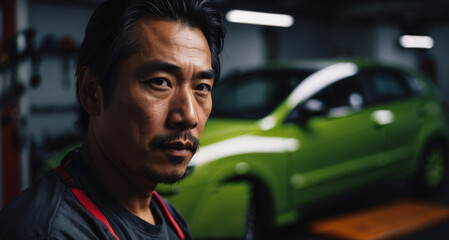 Asian car service mechanic man in uniform stands against the background of a car with an open hood, smiles and looks at the camera. Car repair and maintenance. banner for auto repair shop
