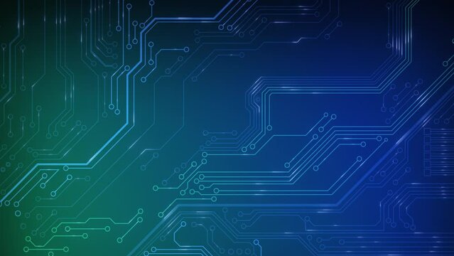 Animated circuit board. Digital technology background. Central computer processor CPU concept. Motherboard digital chip. PCB with free copy space for text or logo. Development 3D abstract backdrop