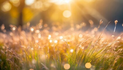 natural grass field background with blurred bokeh and sun - Powered by Adobe