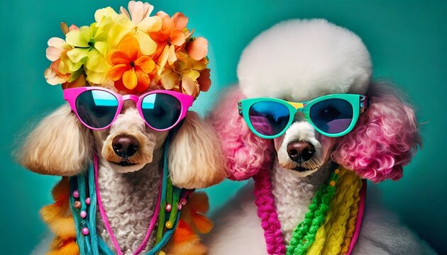 two lovely poodles wearing sunglasses with vibrant colored frames and colorful hair adorned with vintage accessories studio photography ai generative image