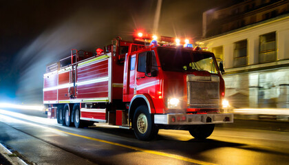 a red fire truck is captured in motion as it drives down a street at night this image can be used to depict emergency response firefighting or urban city scenes - obrazy, fototapety, plakaty