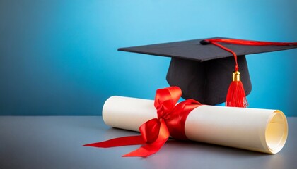 diploma with red ribbon and graduation hat on blue background