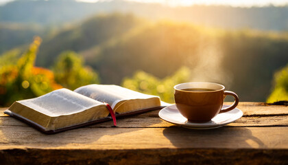 pray and study the bible in the morning in the warm sunshine on a bright day with a cup of coffee and a notebook placed on a wooden table under the bright morning sun