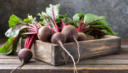 harvest of fresh young beets with tops on a wooden box