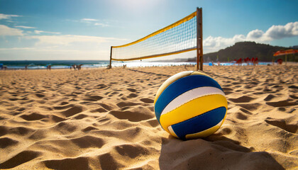 a volleyball ball is pictured on a beach with a volleyball net in the background this image can be used to represent beach sports and recreational activities - Powered by Adobe
