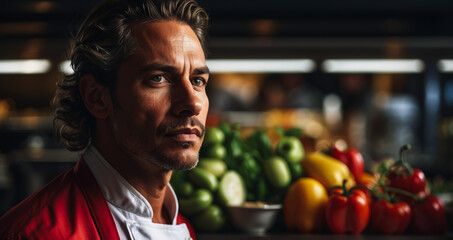 chef in the kitchen in a cafe. man in modern hotel or restaurant kitchen. against a background of vegetables. at work in uniform. Banner
