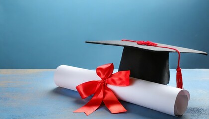 diploma with red ribbon and graduation hat on blue background