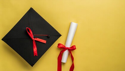 top view of black graduation cap with red tassel with diploma on top on yellow background