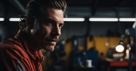 car service mechanic man in uniform stands against the background of a car with an open hood, smiles and looks at the camera. Car repair and maintenance. banner for auto repair shop
