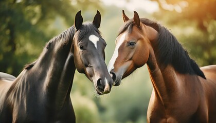 portrait of two beautiful horses touching noses lovely on a natural green farm background forest sunlight ai generated - obrazy, fototapety, plakaty