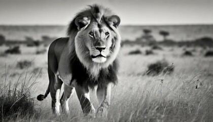 lion in the savannah b w