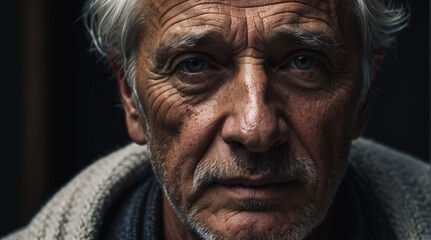 close-up portrait of a lonely elderly man, an older pensioner, in an armchair on the porch of a house. Sad reflecting the feeling of loneliness and experience.