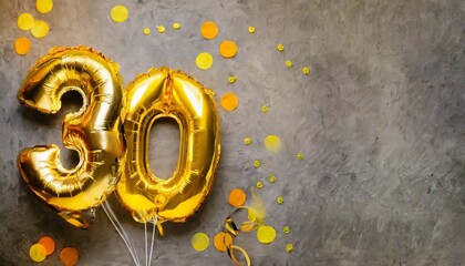 yellow foil balloon number number thirty on a concrete background 30th birthday card anniversary concept for anniversary birthday new year celebration banner