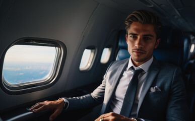 rich, handsome, young, serious guy. Successful and elegant businessman flying on a luxury plane. Wealth and success concept. banner