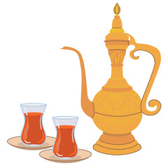 Traditional Turkish tea in a glass and an oriental jug with an ornament. Vector illustration in flat style on a white background. A recognizable hot drink common in the east.