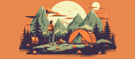 Mounting summer camping artwork for t shirt , sweatshirt, poster, sticker and others. Mountain hiking t-shirt vector design. - obrazy, fototapety, plakaty