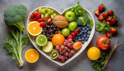 a heart shaped plate filled with a colorful assortment of fresh fruits and vegetables perfect for promoting healthy eating habits and a balanced diet