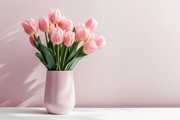 Pink tulips in vase on table on pink background, sunlight, minimalism