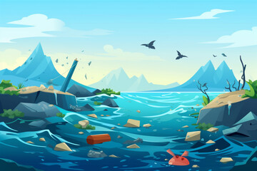 ocean pollution concept, plastic bag over sea ocean underwater scene, in the style of cluttered