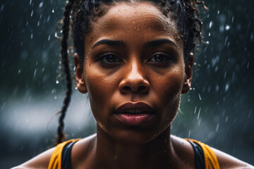 Fototapeta premium African-American athlete on the street in the rain. the concept of sports. Olympic Games. morning jog in bad weather. professional training for running competitions. portrait close-up