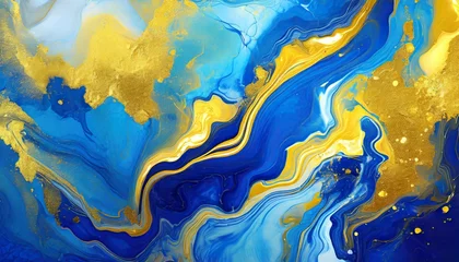 Papier Peint photo Lavable Cristaux hand painted background with mixed liquid blue and golden paints abstract fluid acrylic painting modern art marbled blue abstract background liquid marble pattern