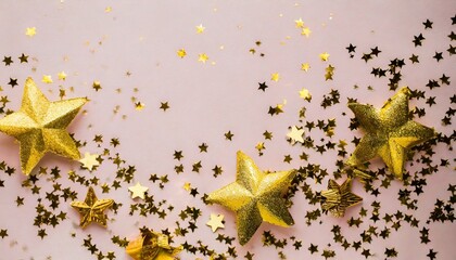 gold sparkle confetti stars on a pink pastel background glitter shine bright christmas festive flat lay winter holiday new year happy birthday concept flat lay top view copy space