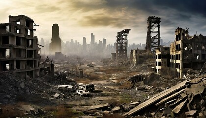 an ultra realistic photograph of a post apocalyptic cityscape with demolished structures in the background generative ai - obrazy, fototapety, plakaty