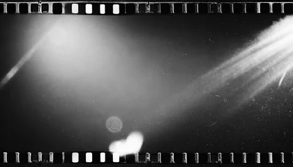 Foto op Plexiglas b w black and white super 8mm light leak flare film dust film strip frame wallpaper texture with film spool © Enzo