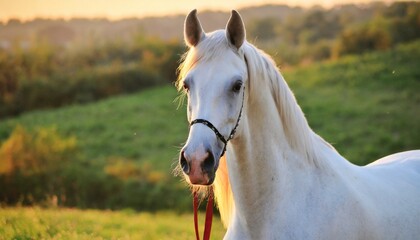 portrait of beautiful white arabian horse on a natural green farm background sunlight golden hour ai generated