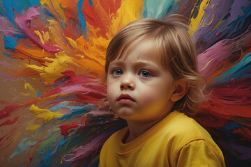Illustration in bright colors as a painting with a portrait of a child who is overwhelmed by many influences and reacts with illness such as headaches or a vulnerable immune system - obrazy, fototapety, plakaty