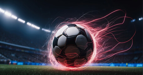 soccer ball on fire, Freeze frame of a flying ball with glowing orange flame effect, electric...