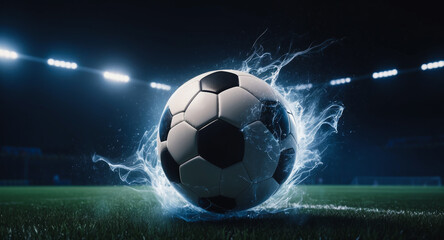 soccer ball on fire, Freeze frame of a flying ball with glowing orange flame effect, electric...