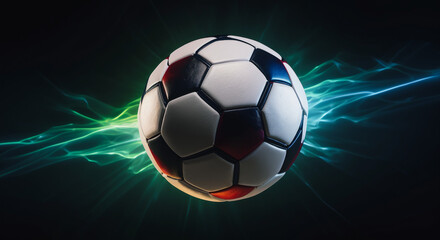soccer ball on fire, Freeze frame of a flying ball with glowing orange flame effect, electric sphere, lightning, plasma ball, black background, creative sports banner