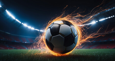 soccer ball on fire, Freeze frame of a flying ball with glowing orange flame effect, electric sphere, lightning, plasma ball, stadium background, creative sports banner