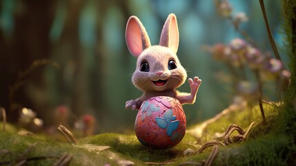 Cartoon little bunny holding Easter egg tiny