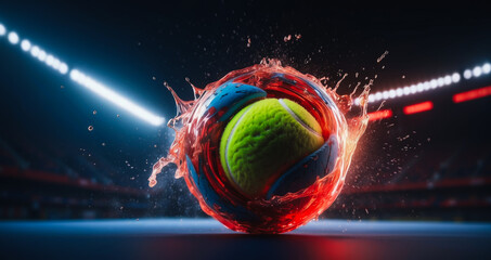 Tennis ball on fire, Freeze frame of a flying ball containing light green, electric sphere, plasma ball, abstract background, creative sports banner