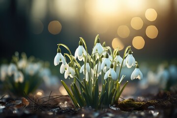 Galanthus flowers on bokeh background, winter or early spring banner concept. Snowdrop flowers blooming in the forest. Beautiful spring background.  Garden Week or Lawn and Garden Month