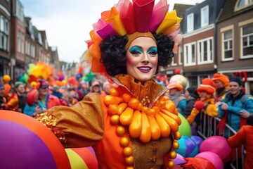 Dutch carnival: A beautiful woman in a carnival parade in Amsterdam, Rotterdam, Antwerp, Netherlands, Belgium or german little city - obrazy, fototapety, plakaty
