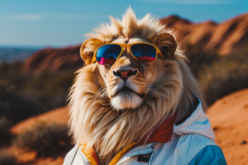 portrait of a funny white lion king in sunglasses and a windbreaker, made in bright colors, as in...
