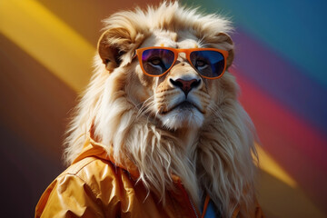 portrait of a funny white lion king in sunglasses and a windbreaker, made in bright colors, as in the picture. against the background of Africa. fashion concept