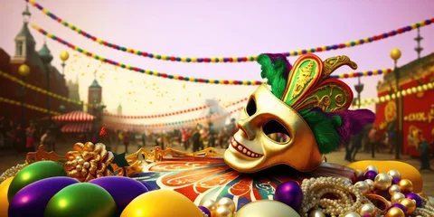 Gordijnen Golden mardi gras or carnival mask on an unfocused street with a party parade background banner with copyspace for text © annne