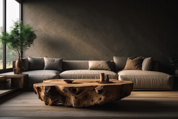Rustic wooden live edge coffee table against beige sofa. Tree trunk as decor near dark stucco wall. Wabi-sabi home interior design of modern living room with fireplace