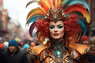 Fototapeten Dutch carnival: A beautiful woman in a carnival parade in Amsterdam, Rotterdam, Antwerp, Netherlands, Belgium or german little city © annne