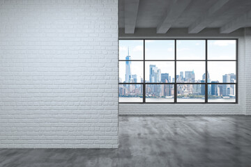 Downtown New York Lower Manhattan City Skyline Buildings from High Rise Window. Expensive Real Estate. Empty wall mockup room Interior Skyscrapers View Cityscape. Financial district. Day. 3d rendering - obrazy, fototapety, plakaty