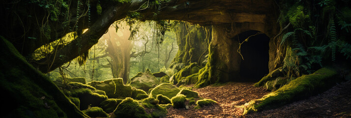 Hidden cave entrance, covered in moss and vines, dappled sunlight, magical atmosphere